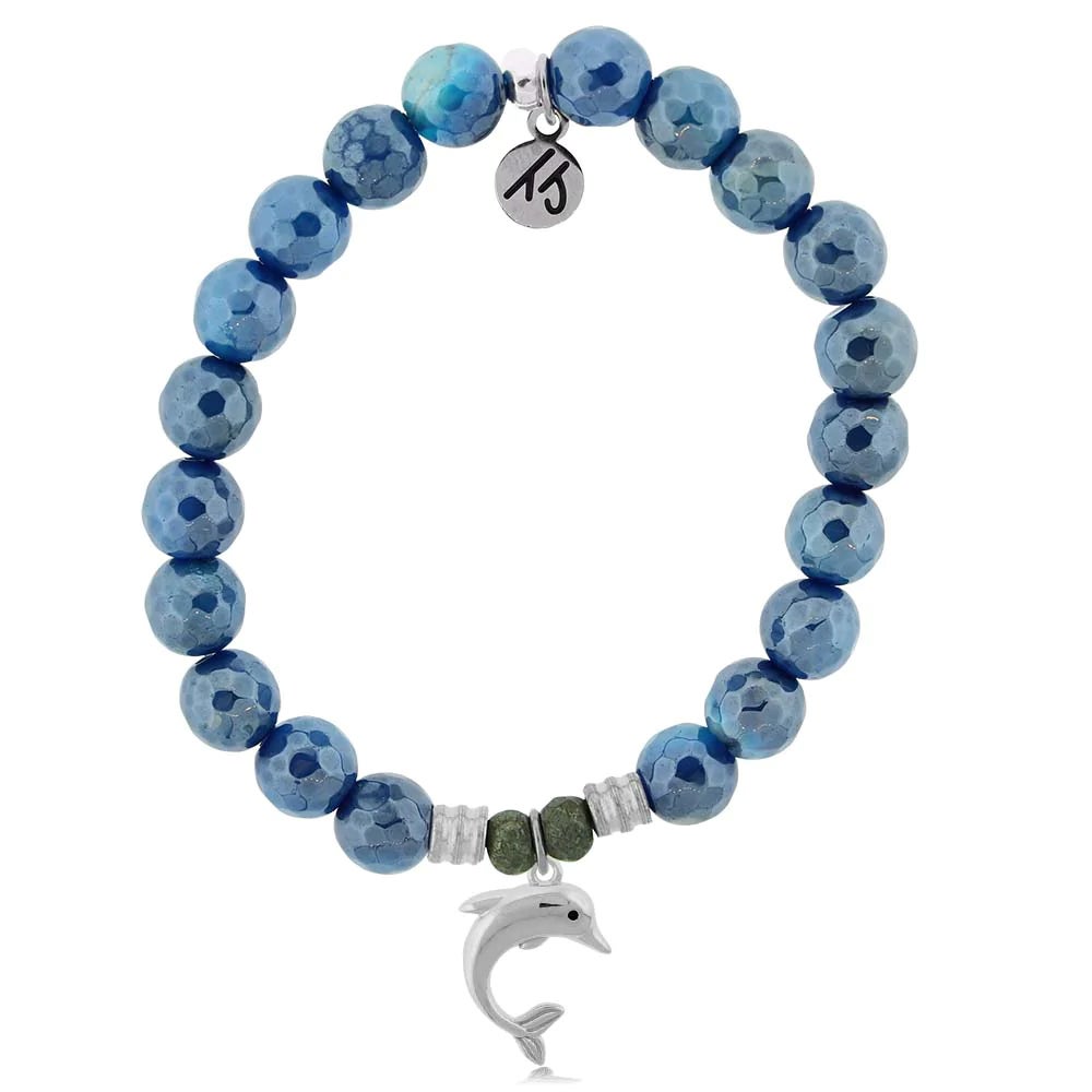 Blue Agate Stone Bracelet with Dolphin Sterling Silver Charm ALL GOOD CAPE COD